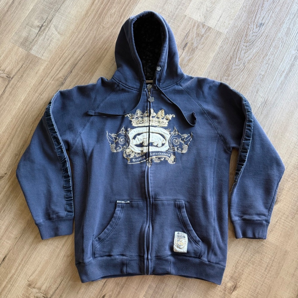 Ecko Unltd Mens Navy Blue Embroidered Rhino Crown Zip Up Hoodie Large Y2K